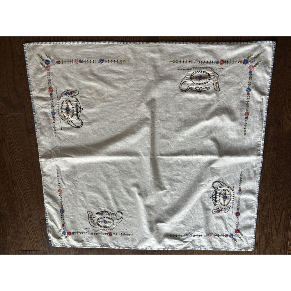 Vintage Square Tablecloth Handmade Embroidered Blue Teapot Tea Cottage 34" Small